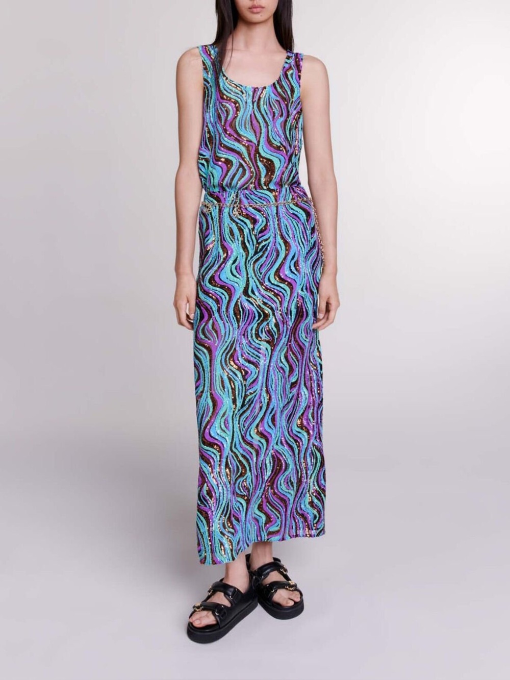 NWOT*Maje Sequin Wave-Print Top + Skirt in Aqua & Purple, 2 pieces, size FR 38/M